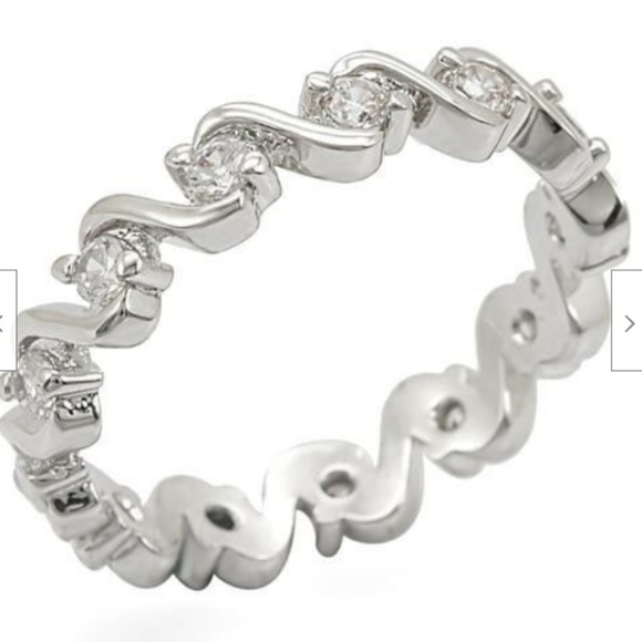 Silver Art Deco Eternity Ring Size 9 Band Cubic Zirconia Waves Nautical Plated - Picture 1 of 8